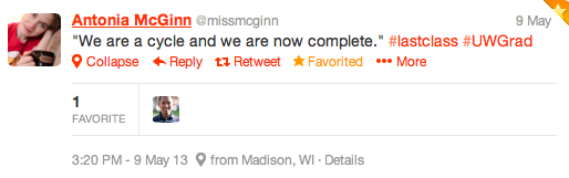 Tweet screen-shot from @missmcginn that says "We are in cycle and we are now complete."